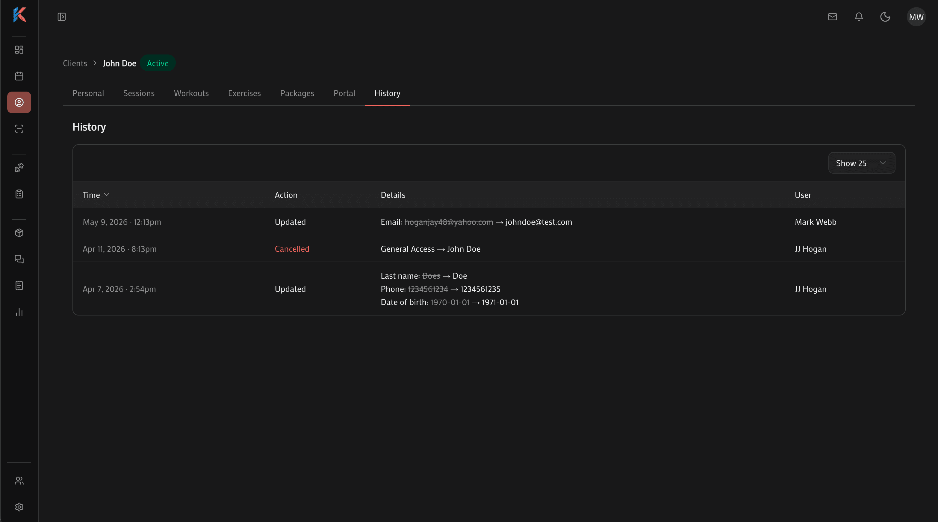 Client activity history